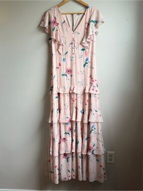 Attic Salt Pink Floral Maxi Dress Boho Ruffle Tiered Cottagecore Large